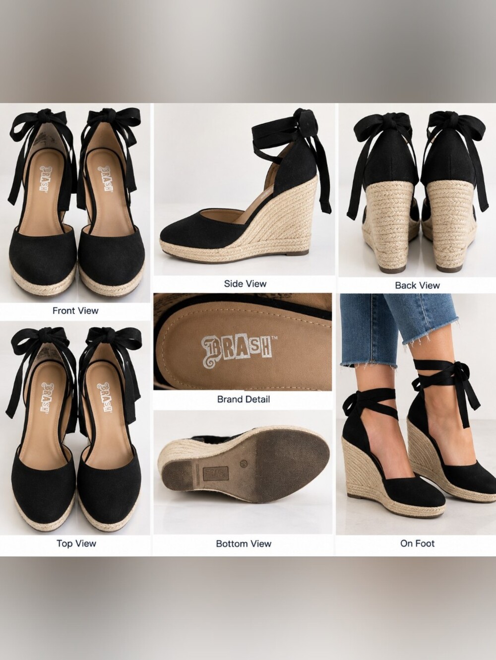 BRASH Black Espadrille Wedge Ankle Tie Shoes Size 10